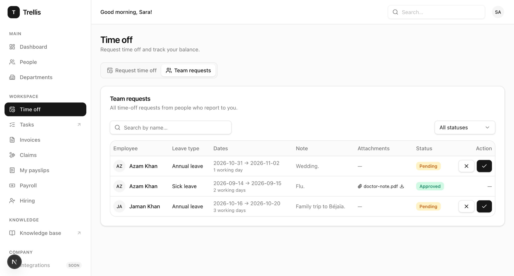 Trellis team time off requests screen